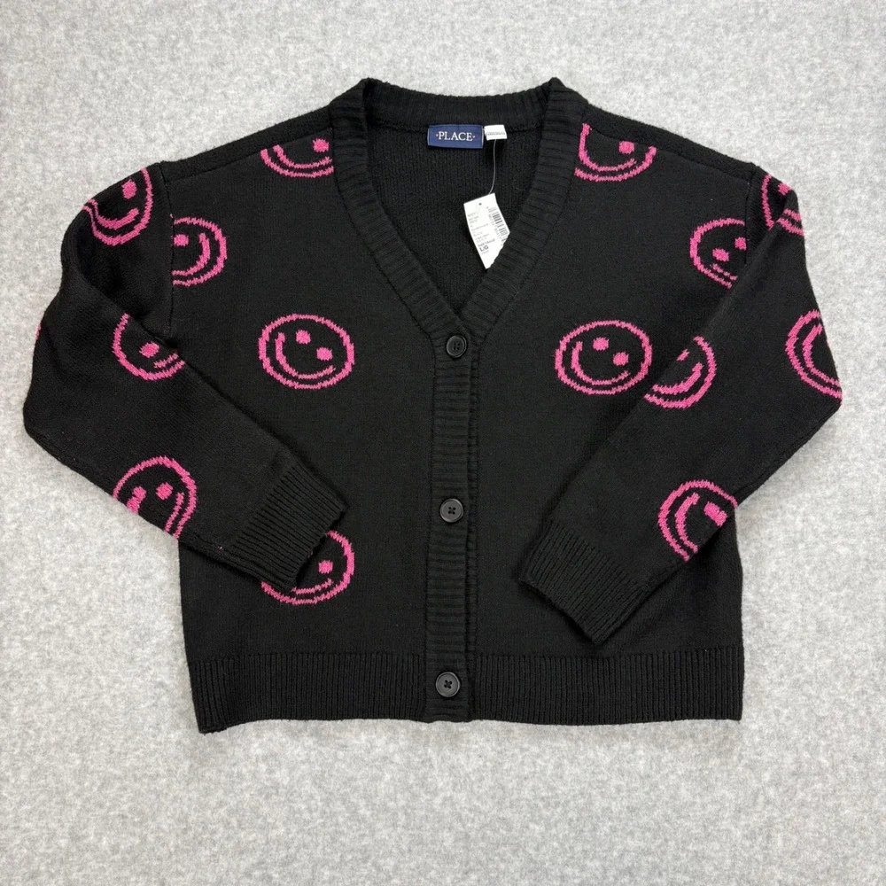 Childrens Place Cardigan Sweater Girls L Black‎ Pink Smiley Face Layering NWT